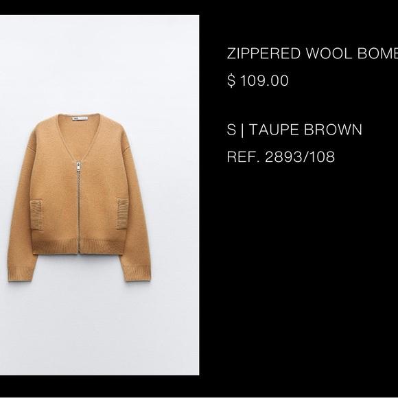 Zara Zippered Wool Bomber | Taupe Brown | Size S - Picture 2 of 5
